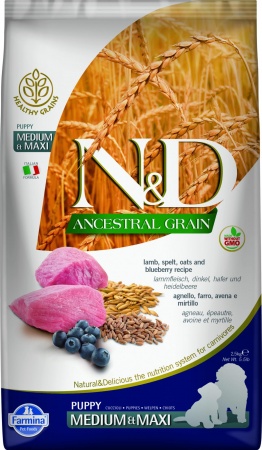 Farmina N&D Ancestral Grain Puppy Medium & Maxi (ягненок, черника) в зоомагазине Лепшы Сябар